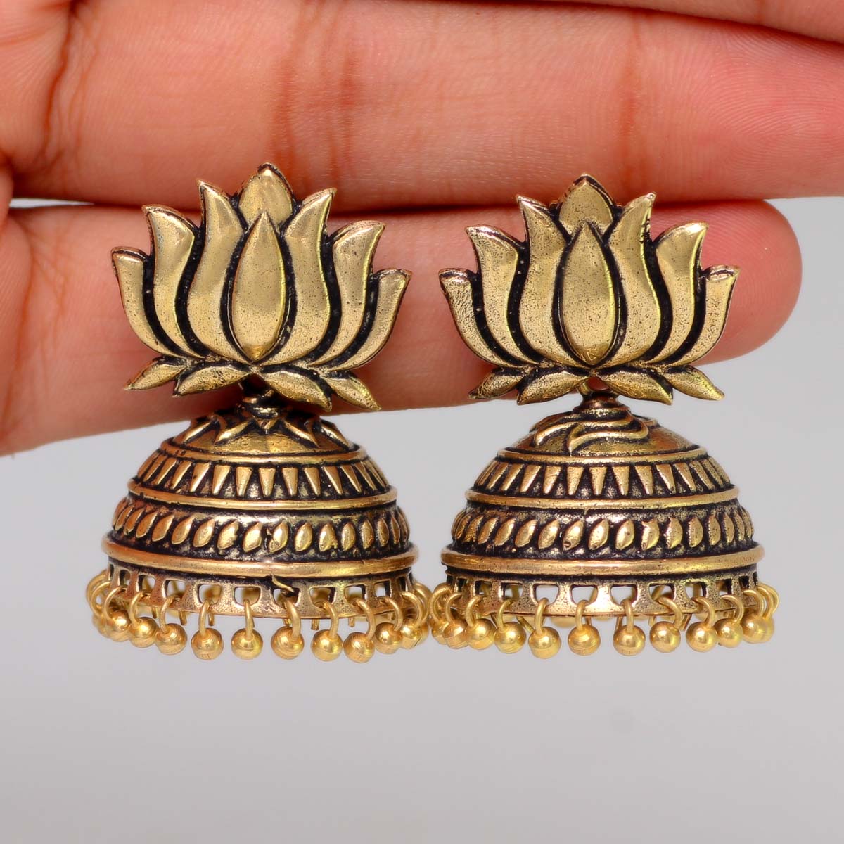 Handmade Gold Plated Lotus Shape Oxidised Jhumki (GSE461GLD)