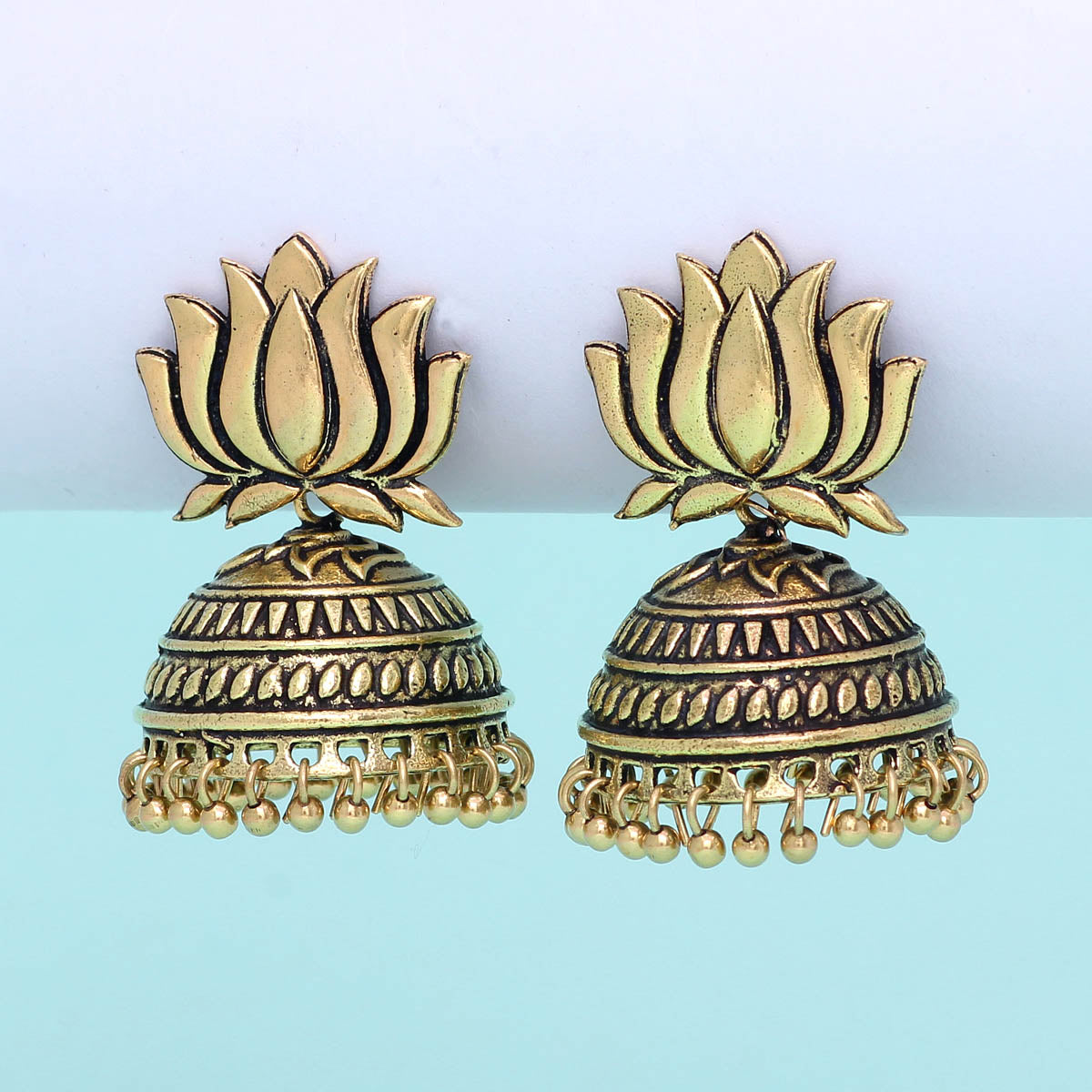 Handmade Gold Plated Lotus Shape Oxidised Jhumki (GSE461GLD)
