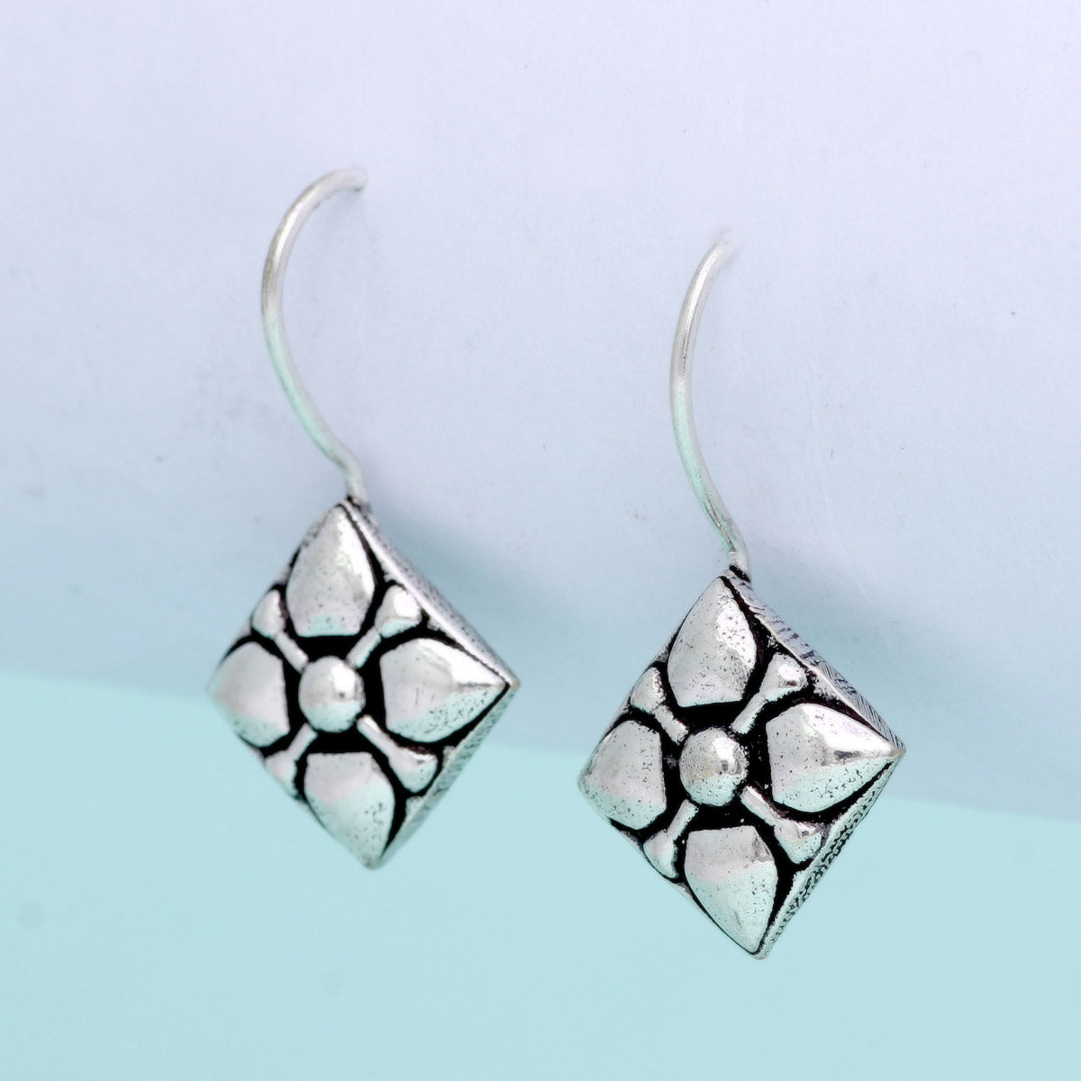 Square Shape Oxidised Silver Plated Stud Brass Earrings (GSE470SLV)