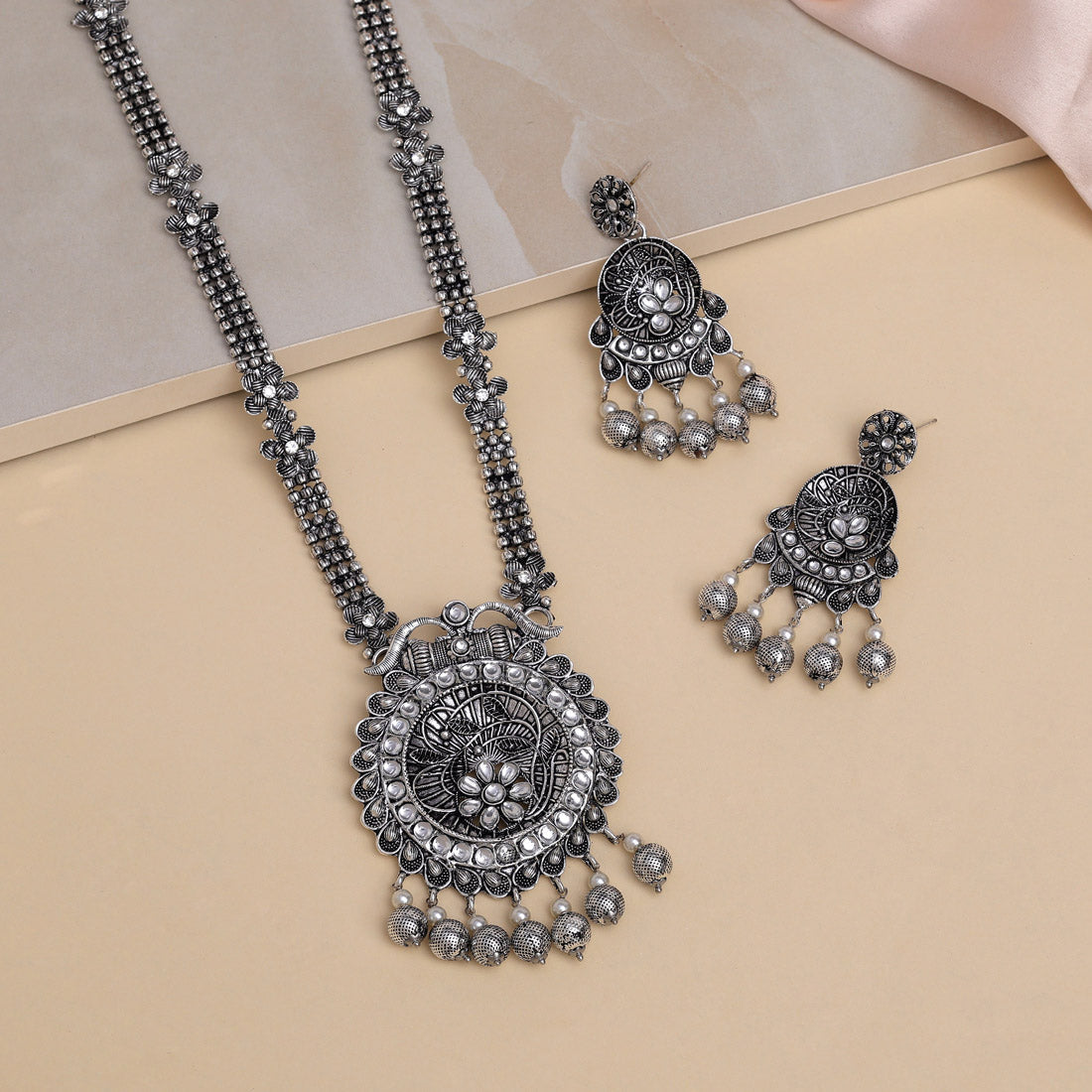 Silver Color Oxidised Long Necklace Set (GSN2019SLV)