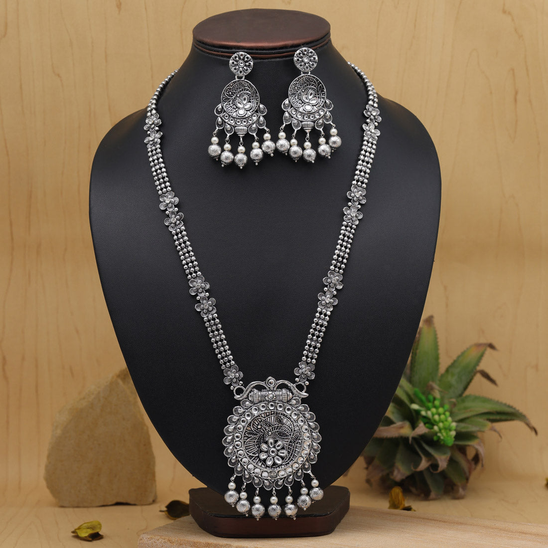 Silver Color Oxidised Long Necklace Set (GSN2019SLV)