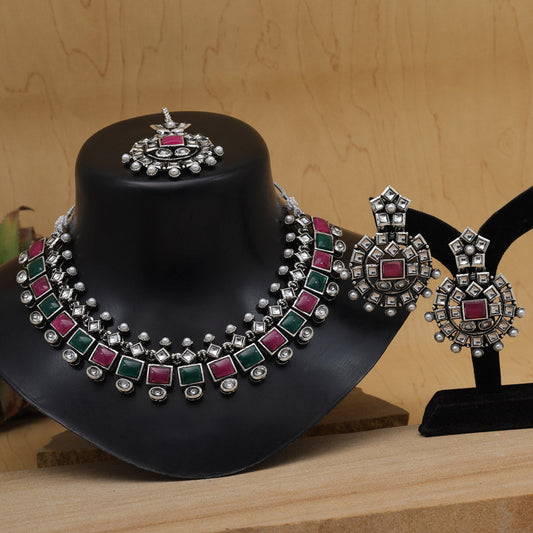 Rani & Green Color Oxidised Kundan Necklace Set (GSN2027RNIGRN)