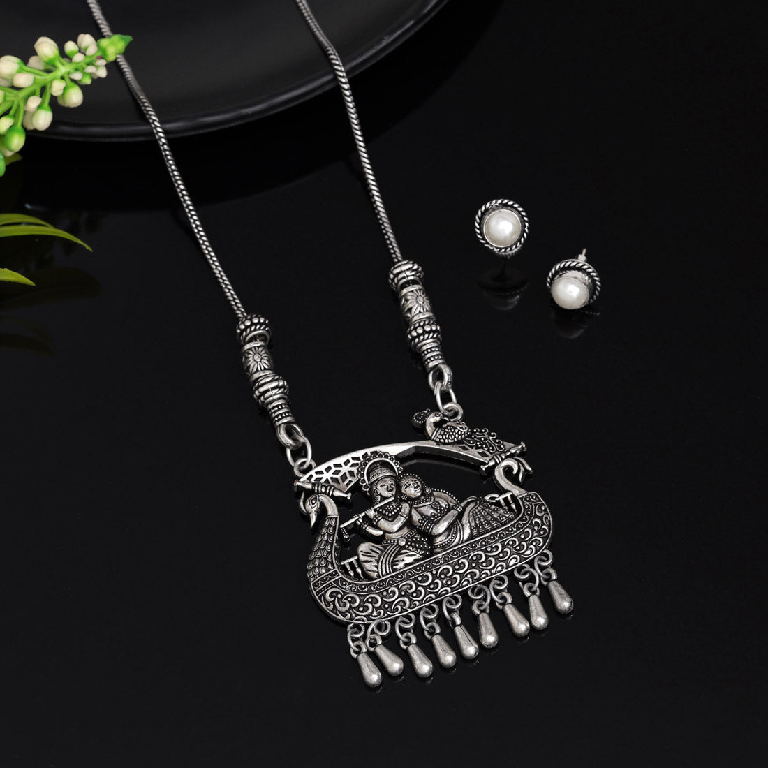 Silver Color Lord Radha Krishna Oxidised Necklace Set (GSN2028SLV)