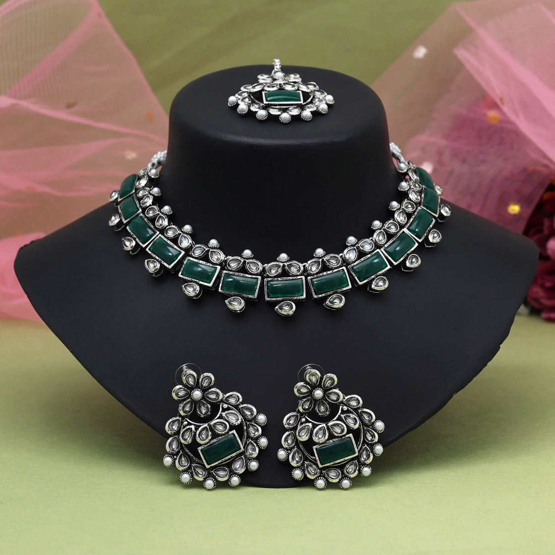 Green Color Oxidised Necklace Set (GSN2062GRN)