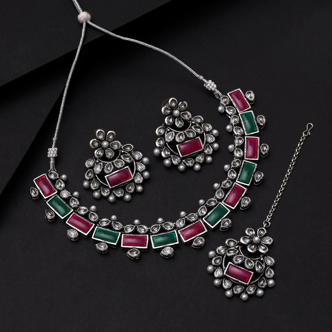 Rani & Green Color Oxidised Necklace Set (GSN2062RNIGRN)