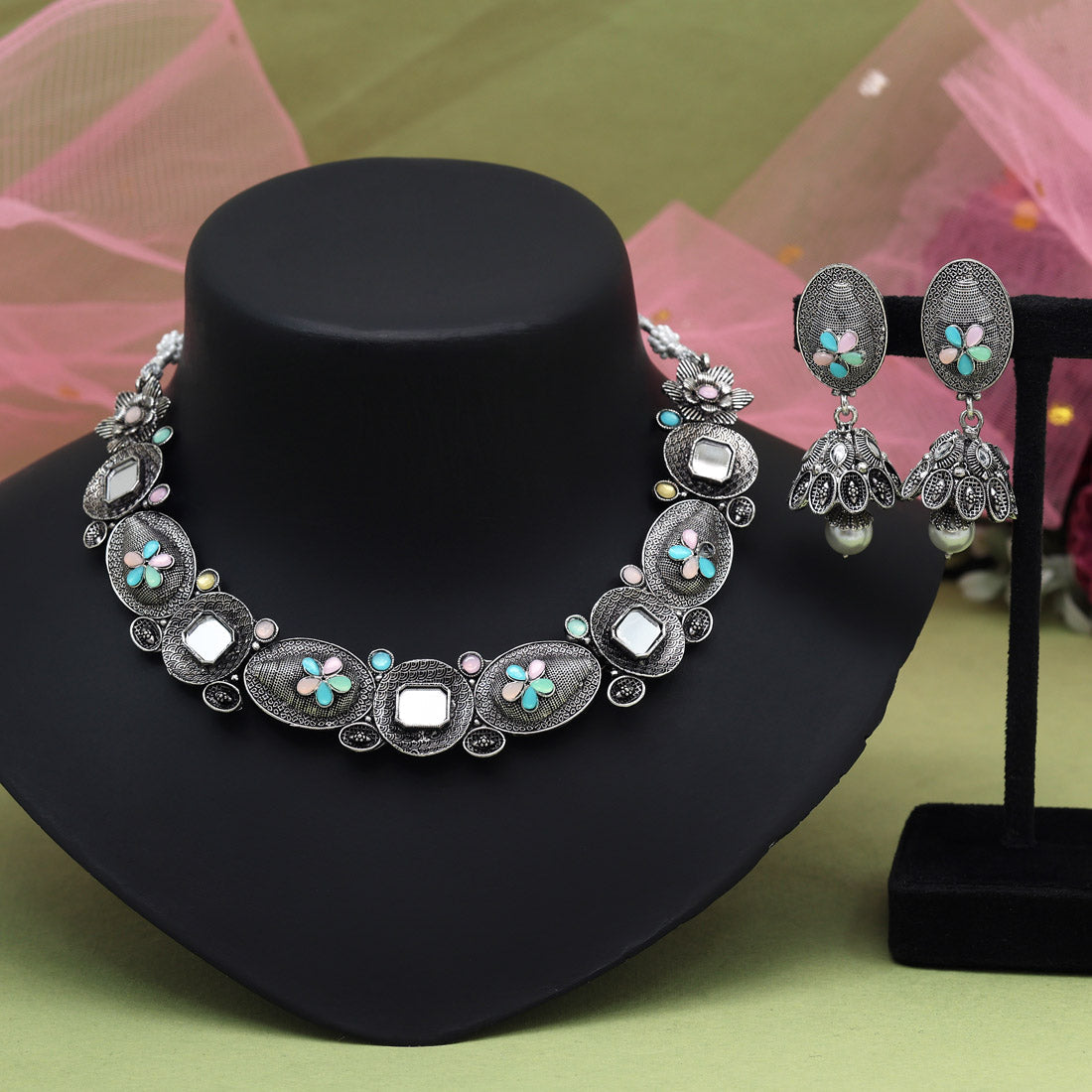 Multi Color Oxidised Necklace Set (GSN2072MLT)