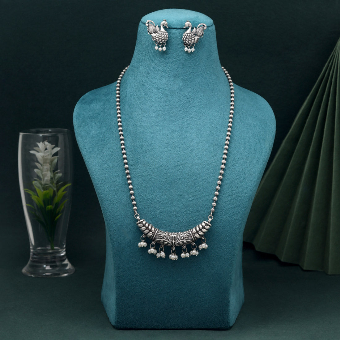 Silver Color Long Oxidised Necklace Set With Elegant Tribal Design Details