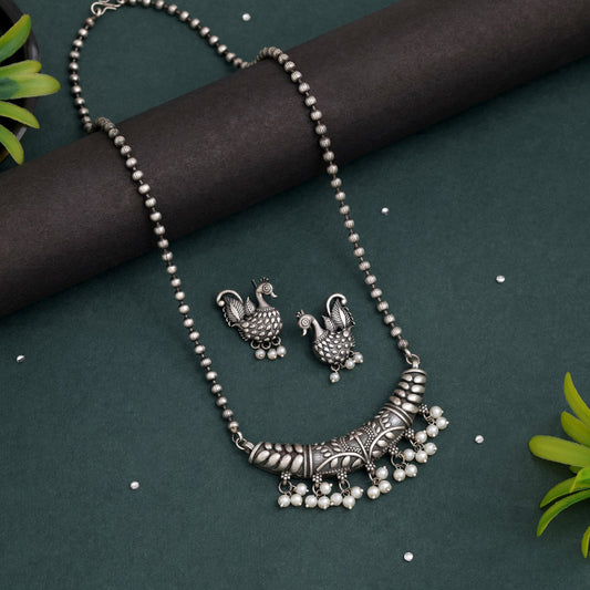 Silver Color Long Oxidised Necklace Set With Elegant Tribal Design Details