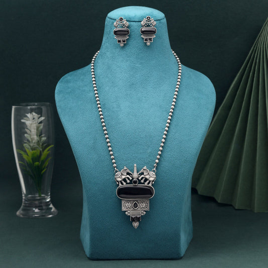 Black Color Long Oxidised Necklace Set For Graceful Evening Party Looks
