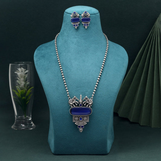 Blue Color Long Oxidised Necklace Set With Statement Pendant And Detailing