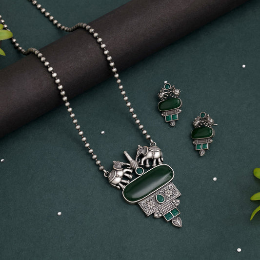 Green Color Long Oxidised Necklace Set With Intricate Carvings And Beaded Style