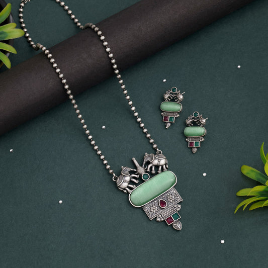 Light Green Color Long Oxidised Necklace Set For Stylish Festive Occasions