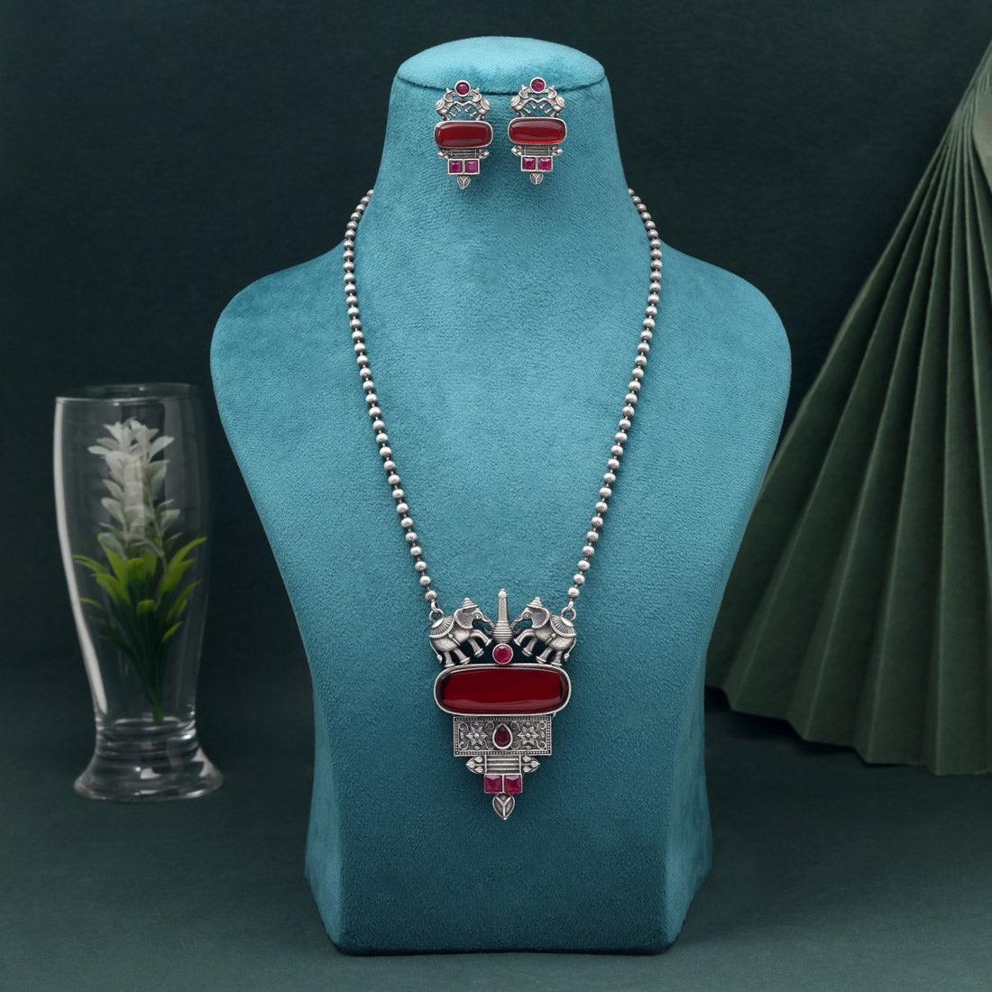 Maroon Color Long Oxidised Necklace Set With Antique Finish And Artistic Touch