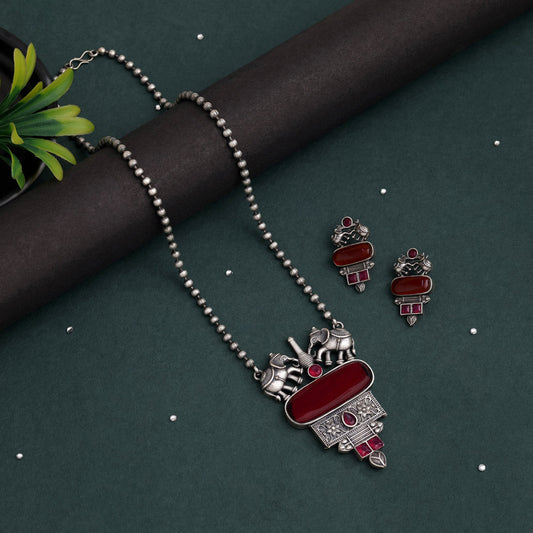 Maroon Color Long Oxidised Necklace Set With Antique Finish And Artistic Touch