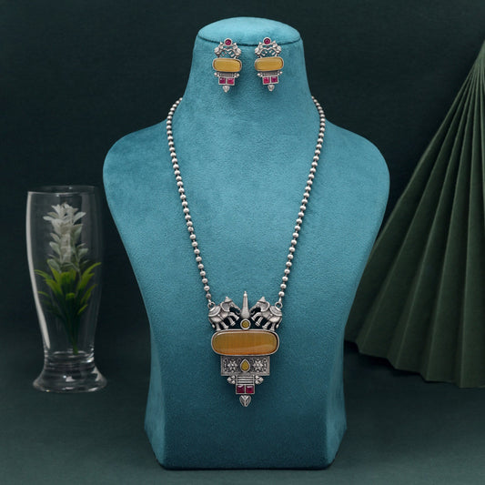 Mustard Yellow Color Long Oxidised Necklace Set With Contemporary Boho Vibes