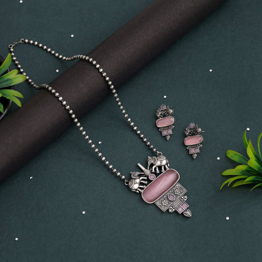 Pink Color Long Oxidised Necklace Set With Feminine Appeal And Vintage Look