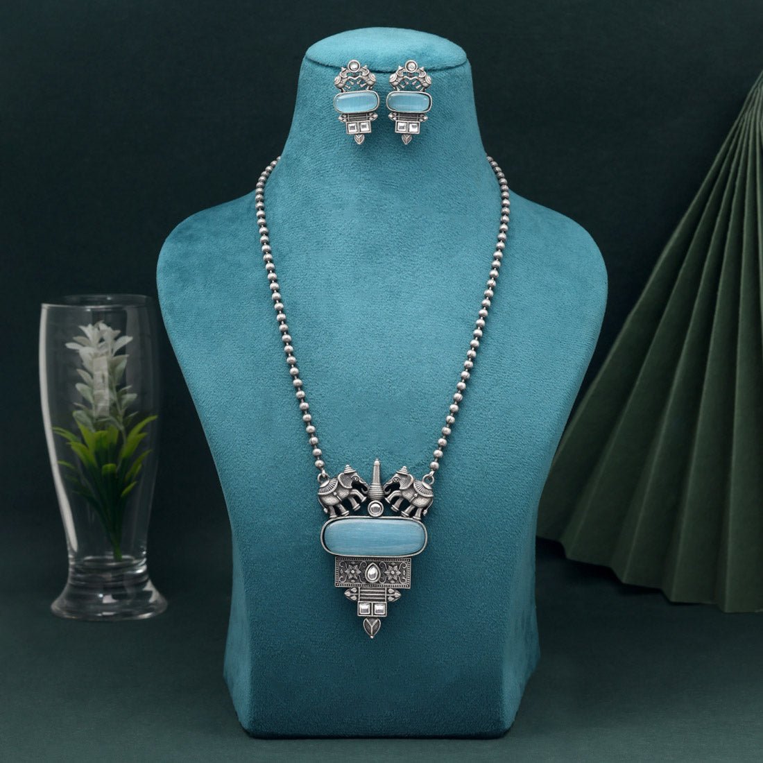 Sky Blue Color Long Oxidised Necklace Set With Beautiful Handcrafted Elements
