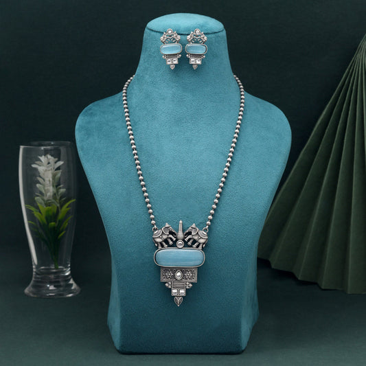 Sky Blue Color Long Oxidised Necklace Set With Beautiful Handcrafted Elements