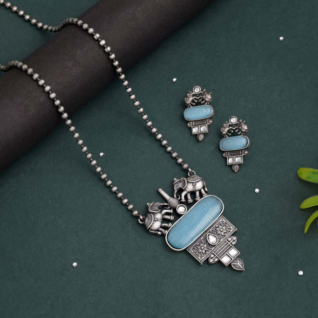 Sky Blue Color Long Oxidised Necklace Set With Beautiful Handcrafted Elements