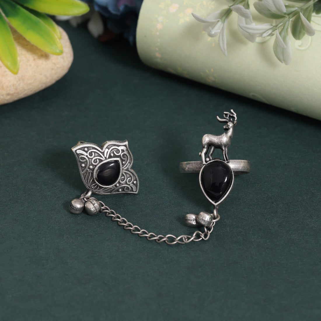 Classic Black Color Oxidised Two In One Finger Ring Accessory