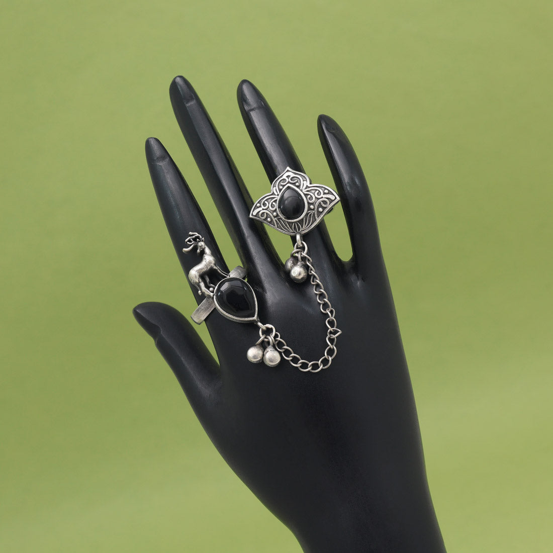 Classic Black Color Oxidised Two In One Finger Ring Accessory