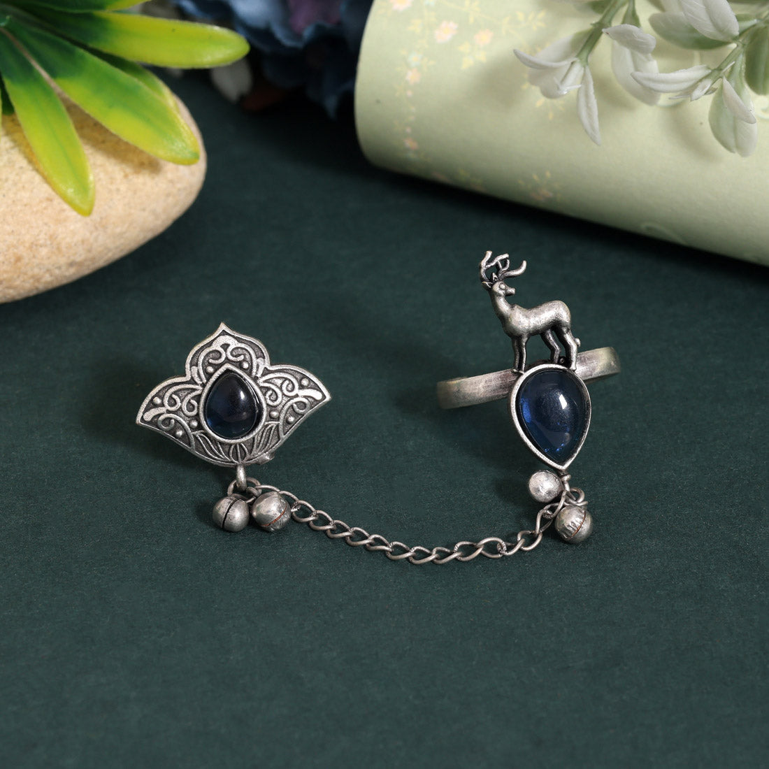 Stunning Blue Color Oxidised Two In One Finger Ring Design