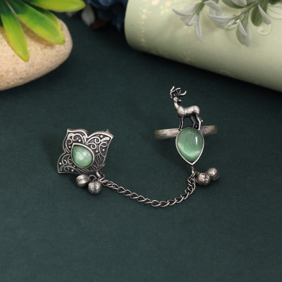 Vibrant Light Green Color Oxidised Two In One Finger Ring Design