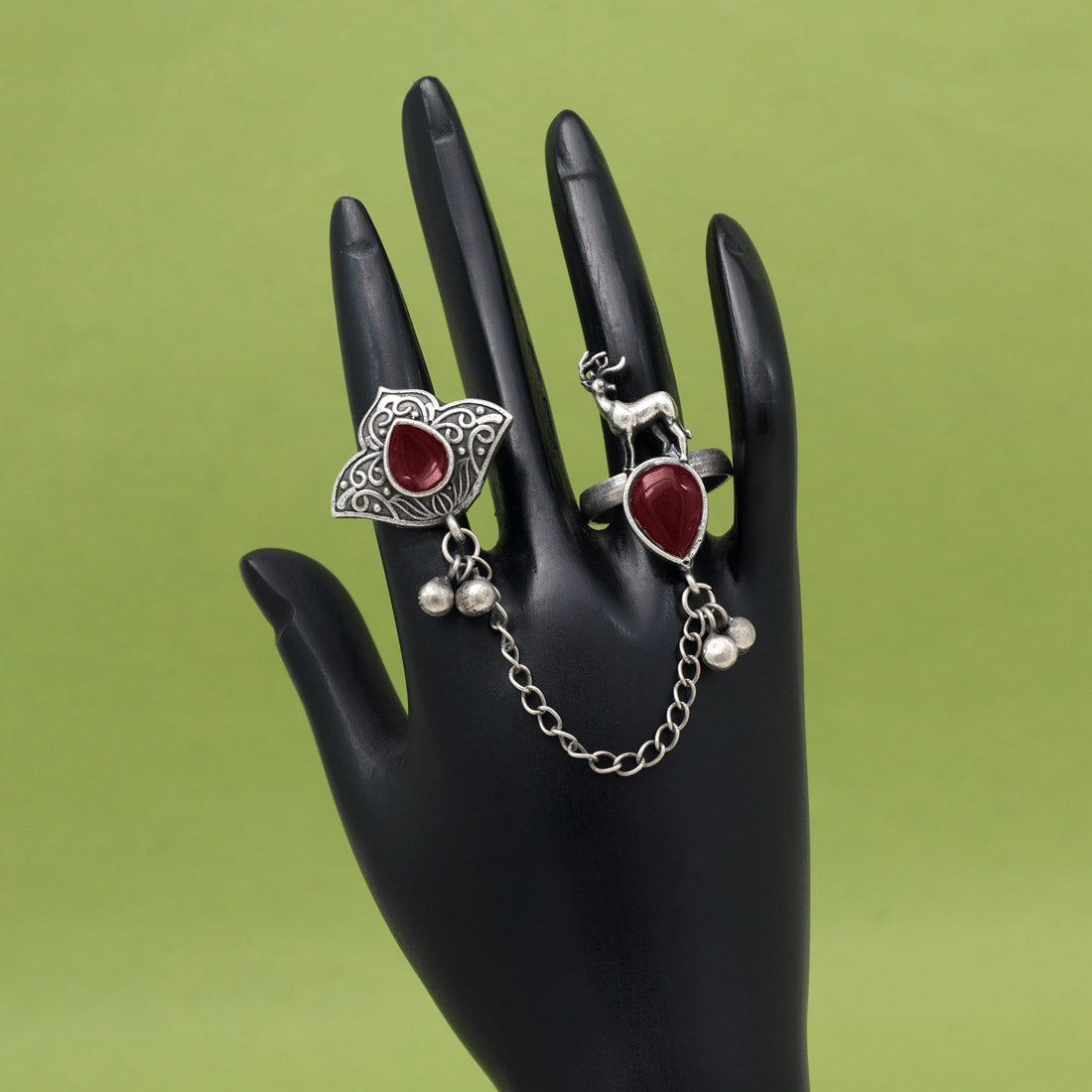 Rich Maroon Color Oxidised Two In One Finger Ring For Events