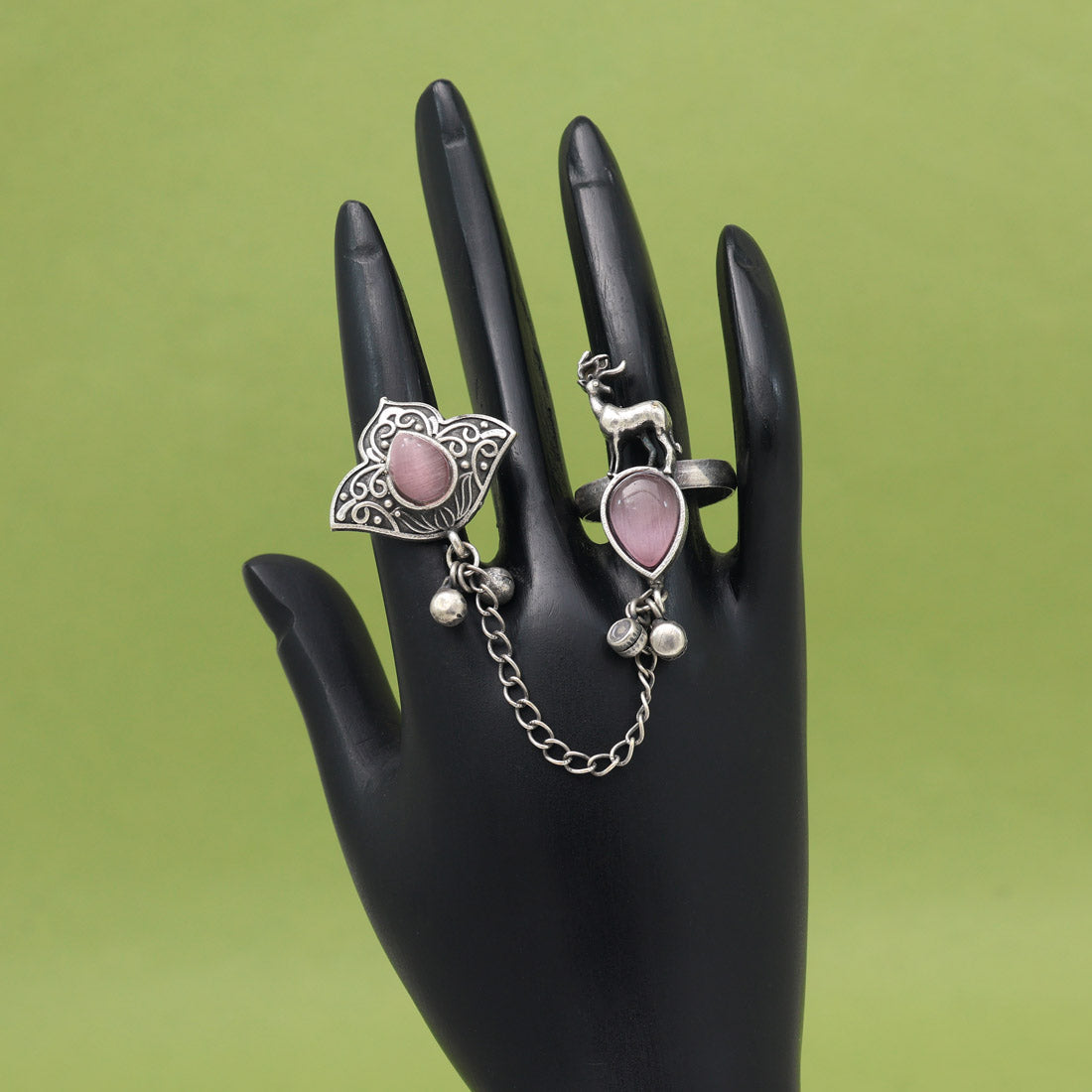Elegant Pink Color Oxidised Two In One Finger Ring For Women
