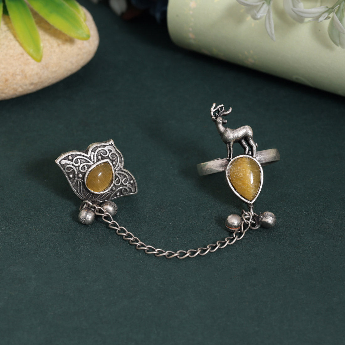 Bright Yellow Color Oxidised Two In One Finger Ring Fashion Piece