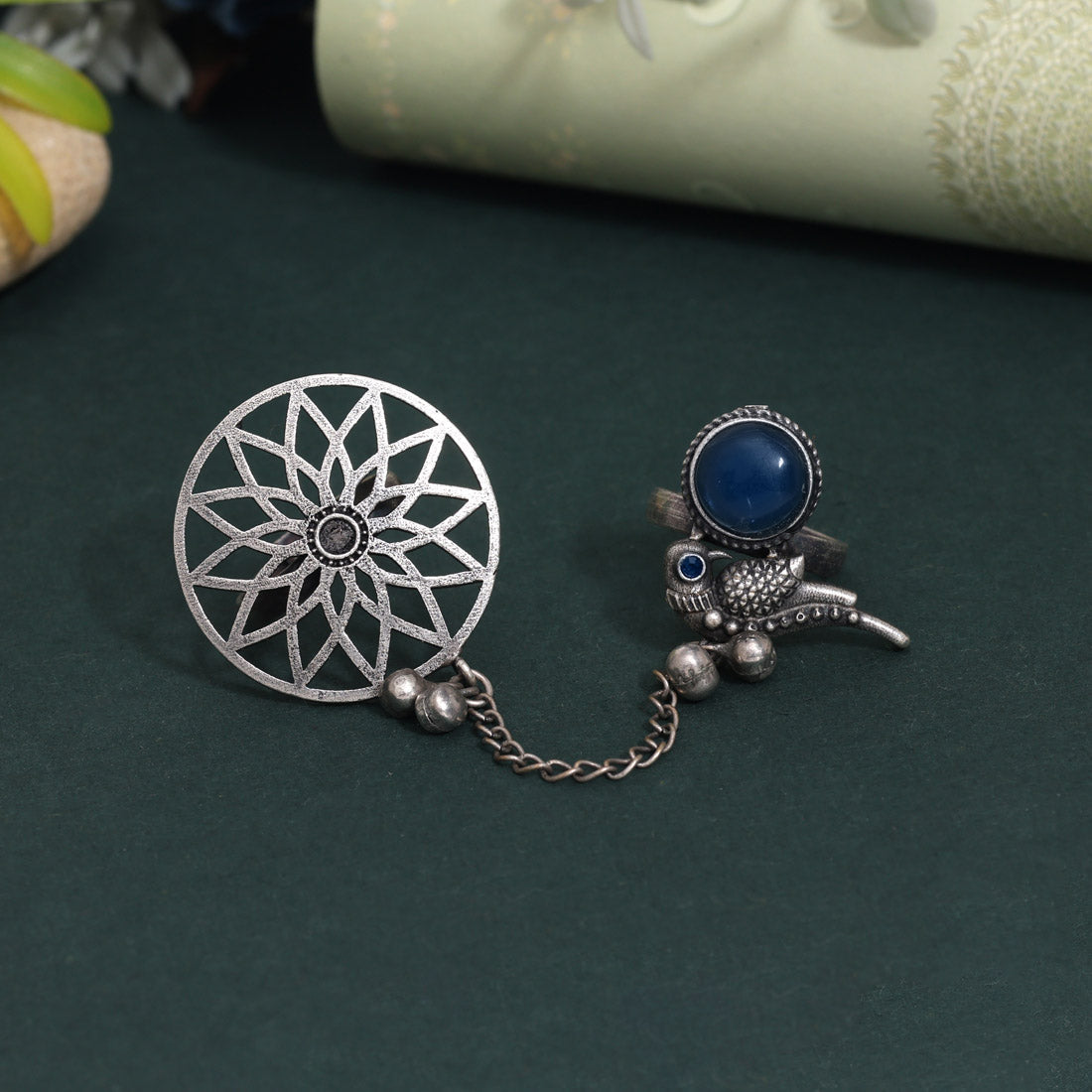 Classy Blue Color Oxidised Two In One Finger Ring For Weddings