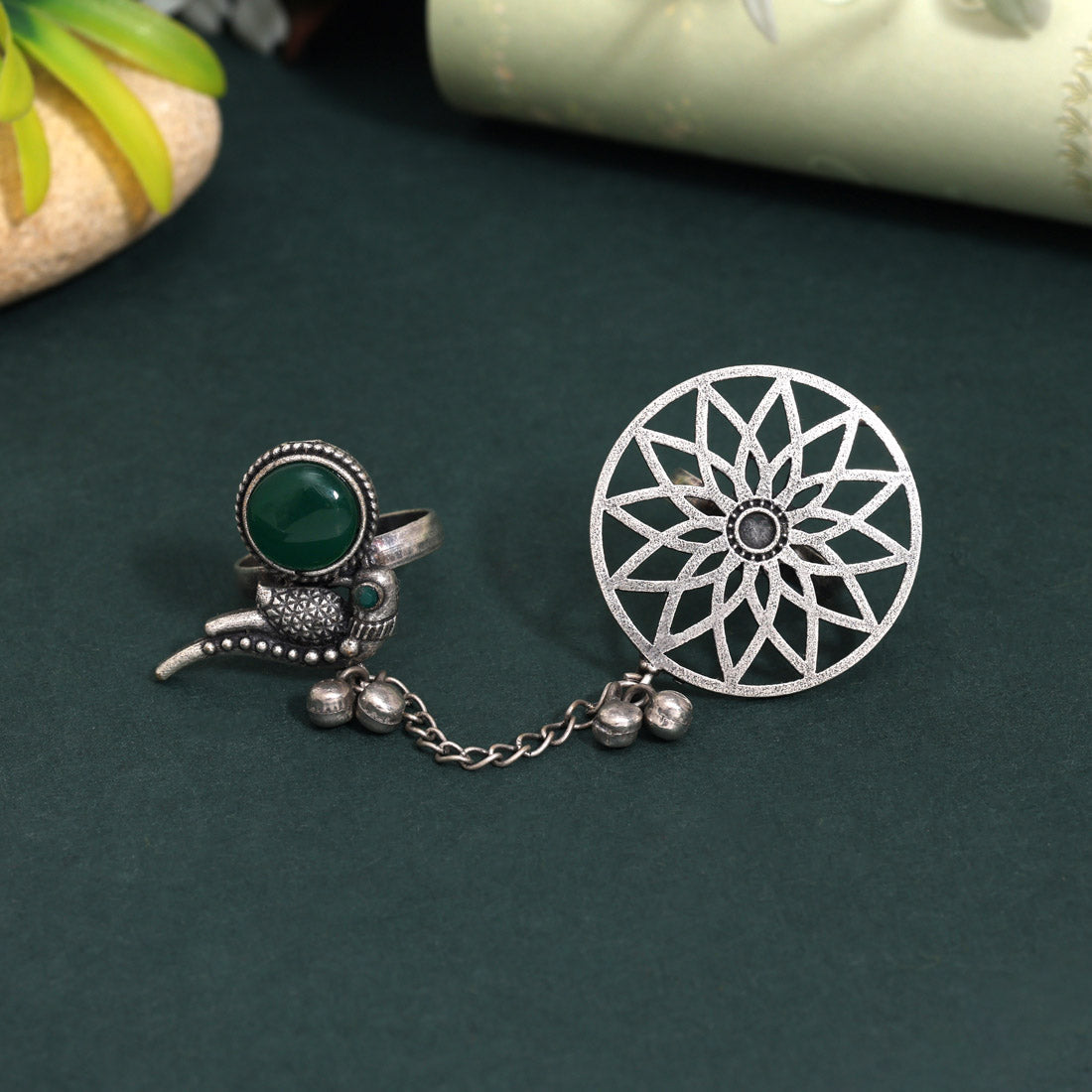 Fresh Green Color Oxidised Two In One Finger Ring For Parties