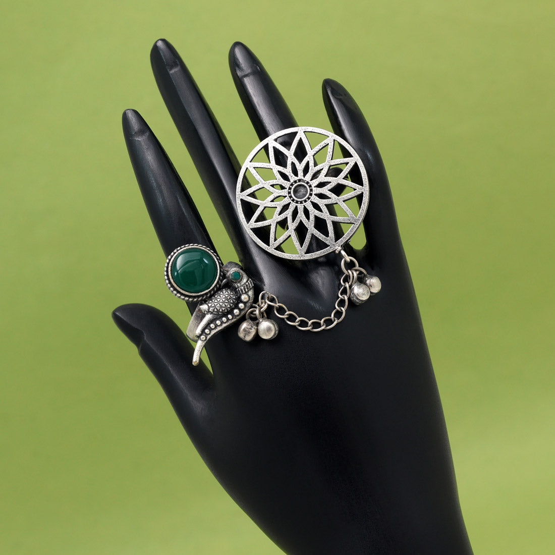 Fresh Green Color Oxidised Two In One Finger Ring For Parties