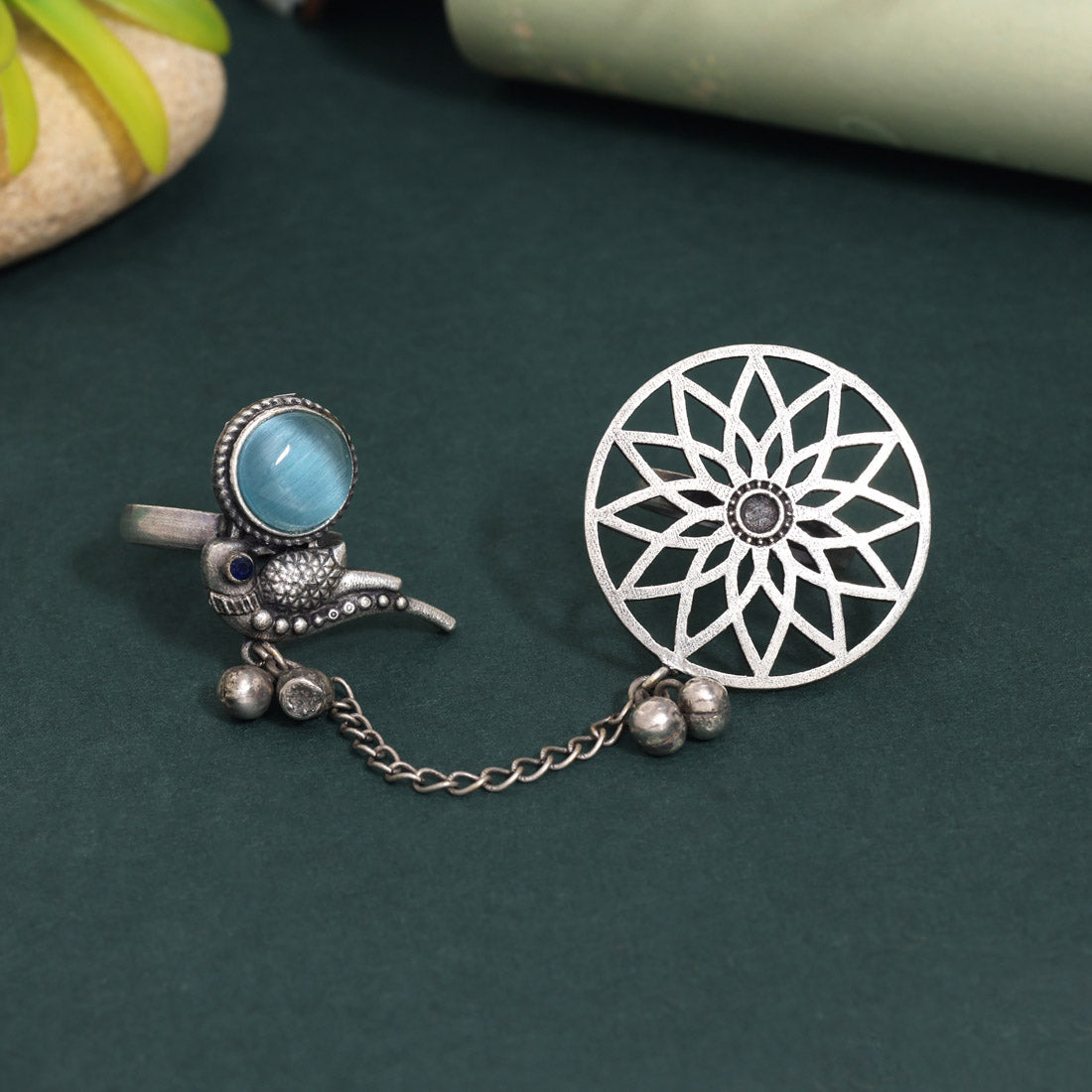 Cool Sky Blue Color Oxidised Two In One Finger Ring Style