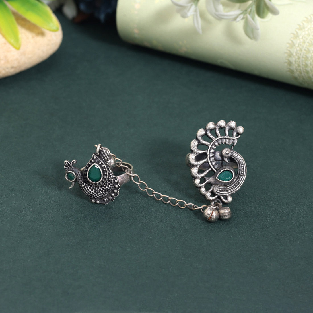 Fresh Green Color Oxidised Two In One Finger Ring For Casual Use