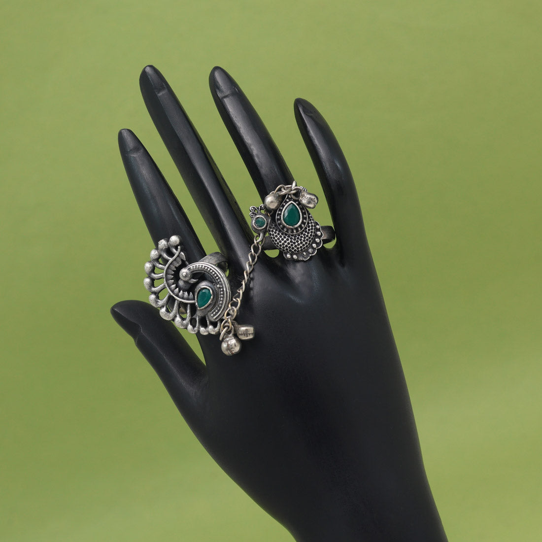 Fresh Green Color Oxidised Two In One Finger Ring For Casual Use