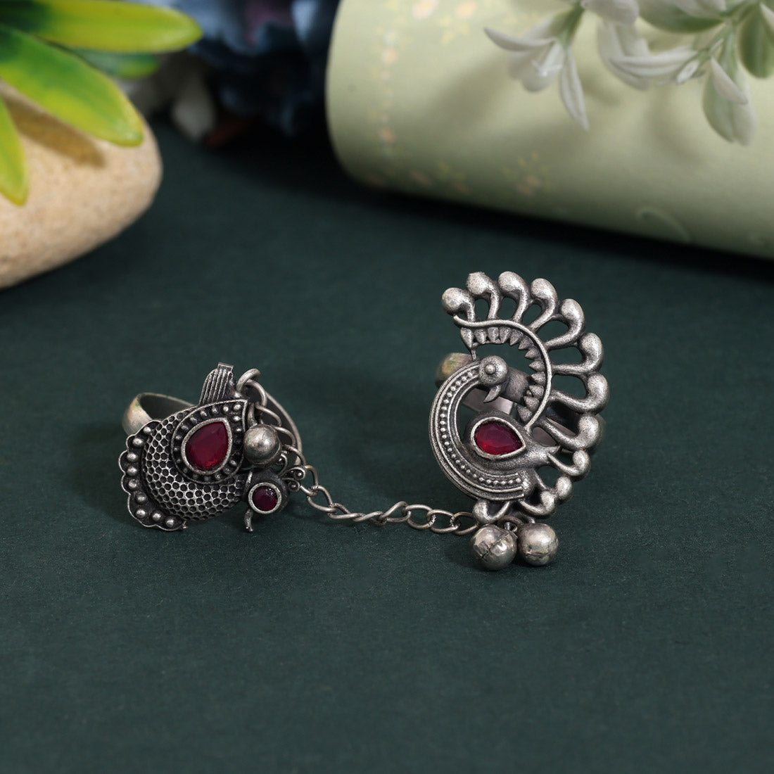 Deep Rani Color Oxidised Two In One Finger Ring With Royal Look