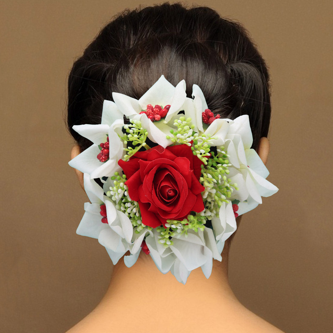 Red & White Color Rose Flower Hair juda//Bun (HRP215REDWHT)