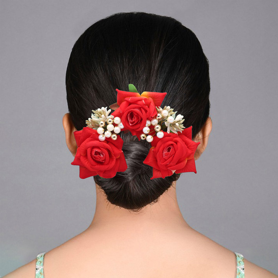 Red & Yellow Color Rose Flower Gajra For Women Hair Pin (HRP218REDYLW)