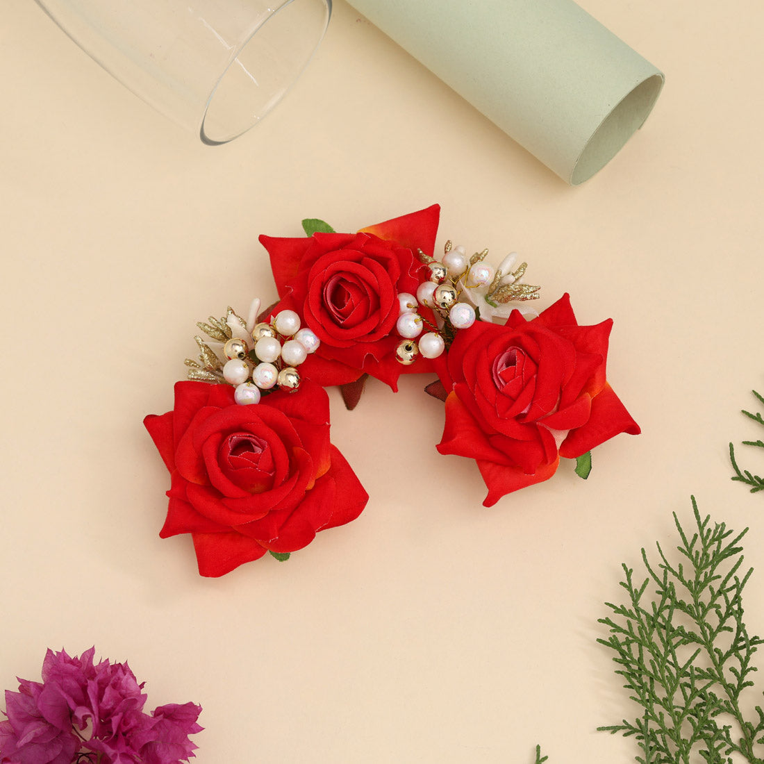 Red & Yellow Color Rose Flower Gajra For Women Hair Pin (HRP218REDYLW)