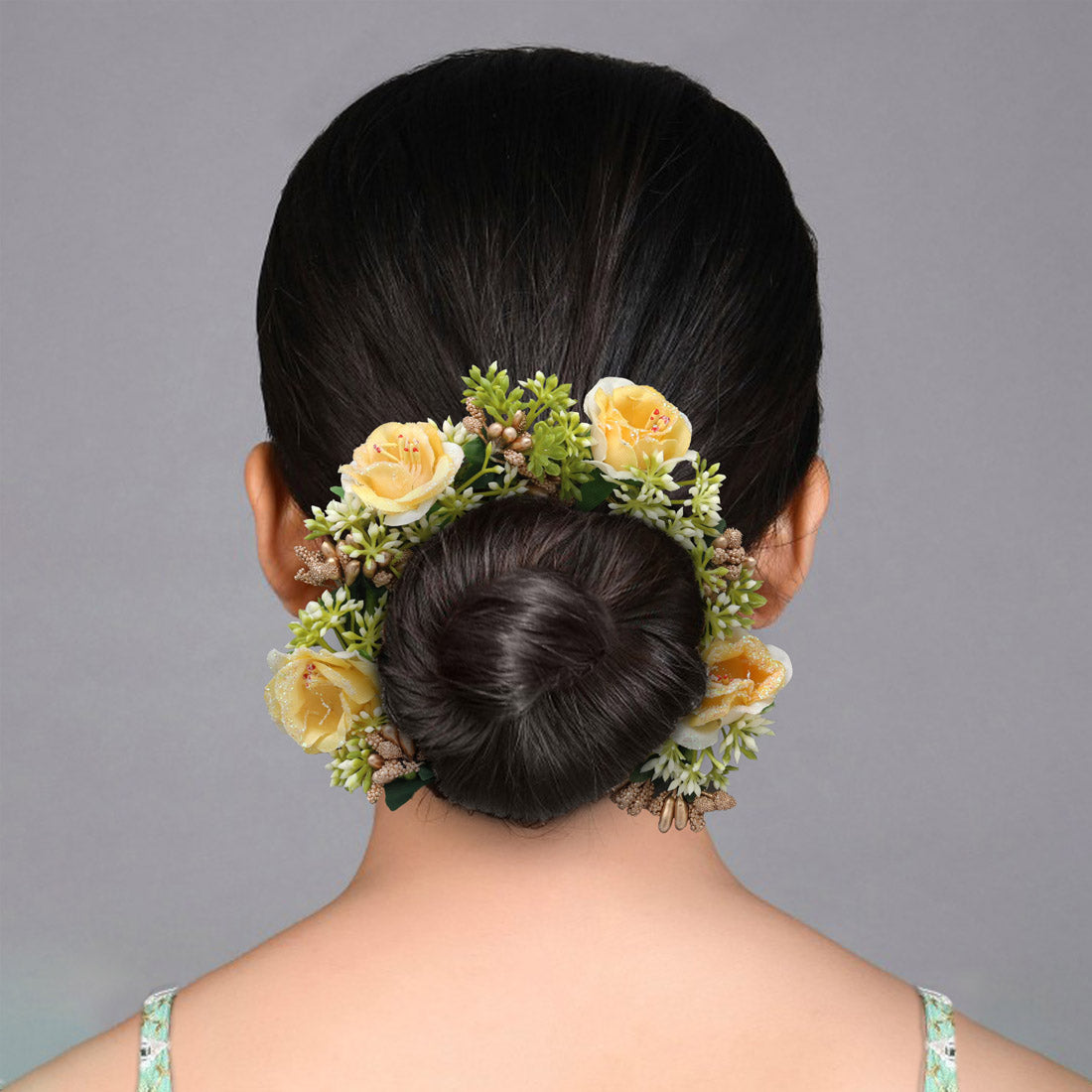 Yellow Color Rose Flower Gajra For Women Hair Pin (HRP232YLW)