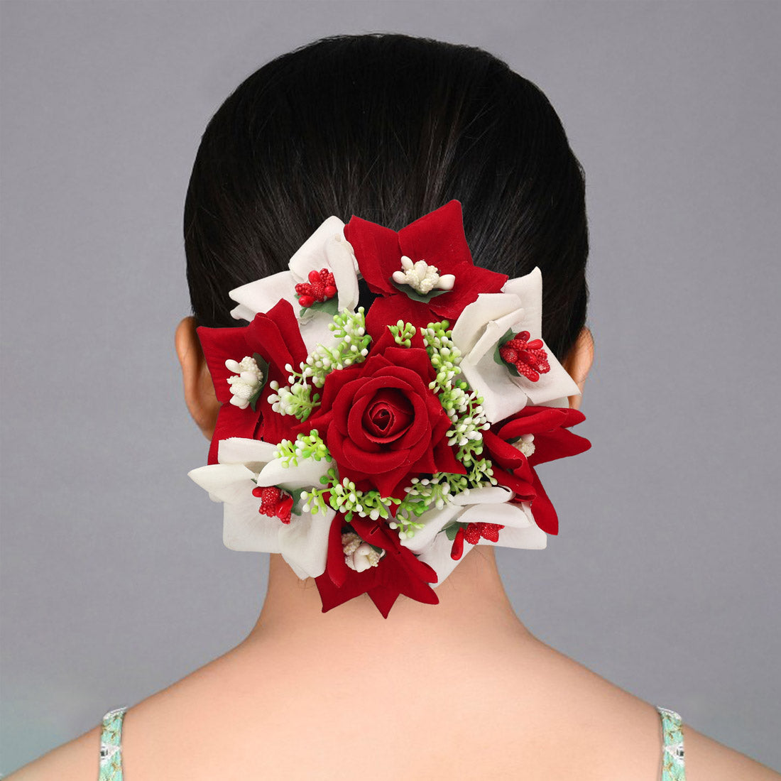 Maroon & White Color Rose Flower Hair juda//Bun (HRP271MRNWHT)