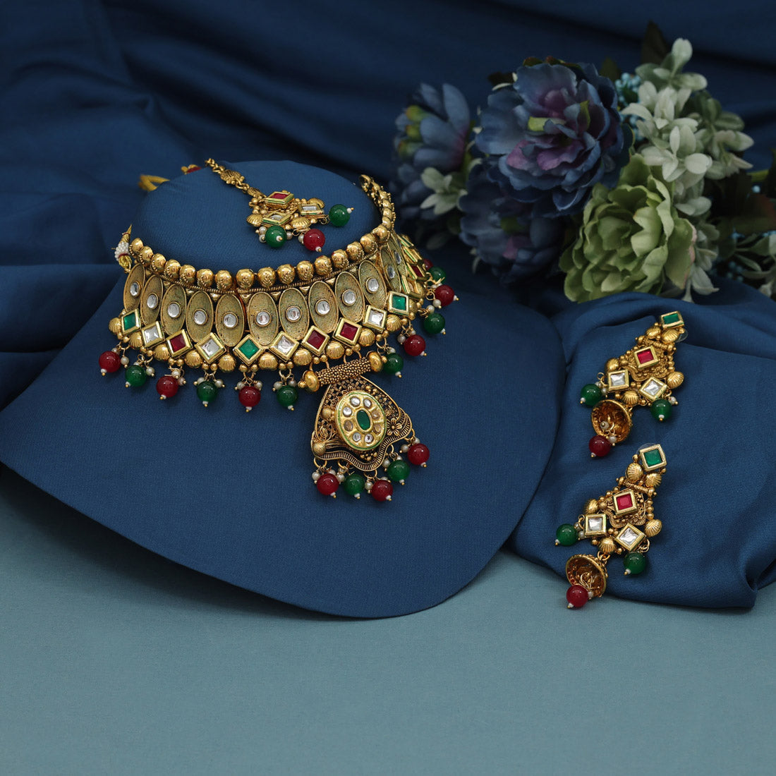 Maroon & Green Color Choker Gold Plated Necklace Set (KBSN1193MG)