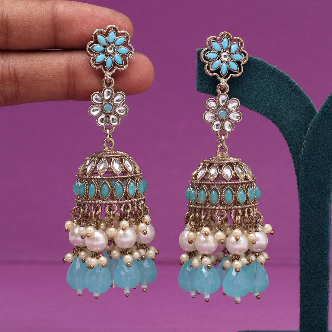 Sky Blue Color Kundan Earrings (KDE1000SBLU)