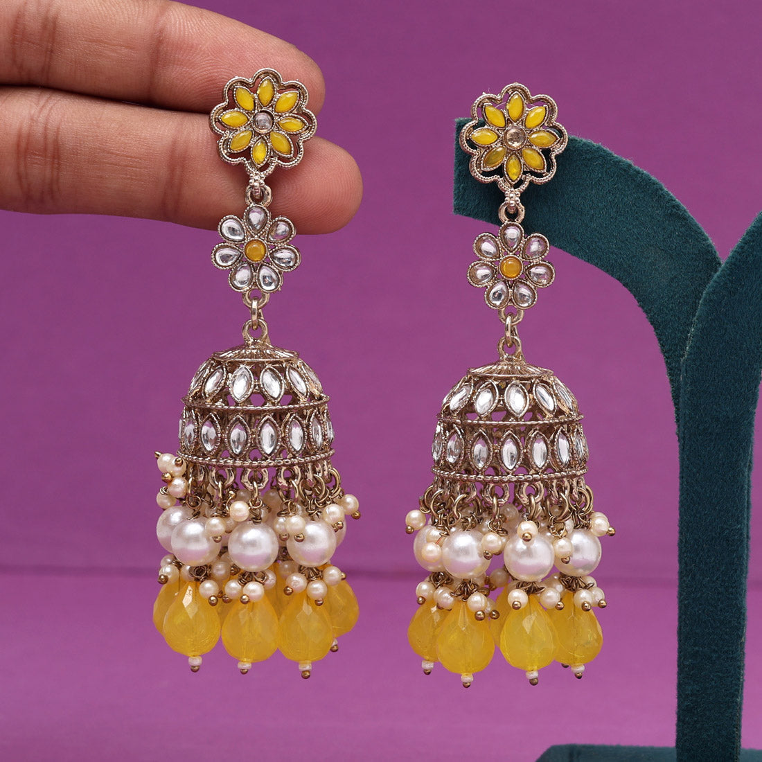 Yellow Color Kundan Earrings (KDE1000YLW)