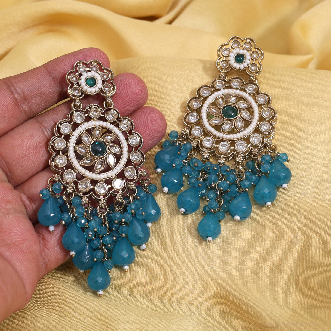 Turquoise Blue Color Kundan Earrings (KDE1002TBLU)