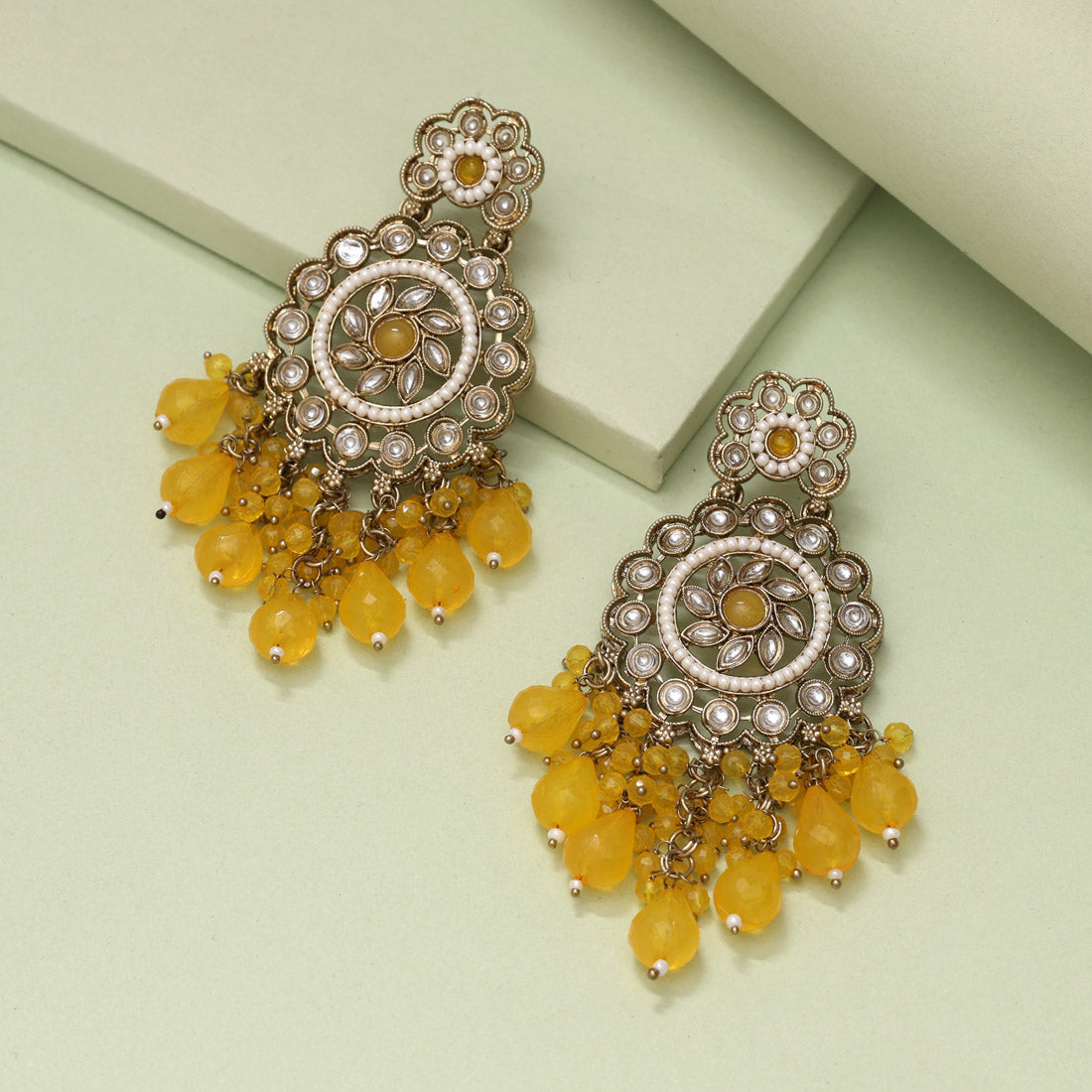 Yellow Color Kundan Earrings (KDE1002YLW)