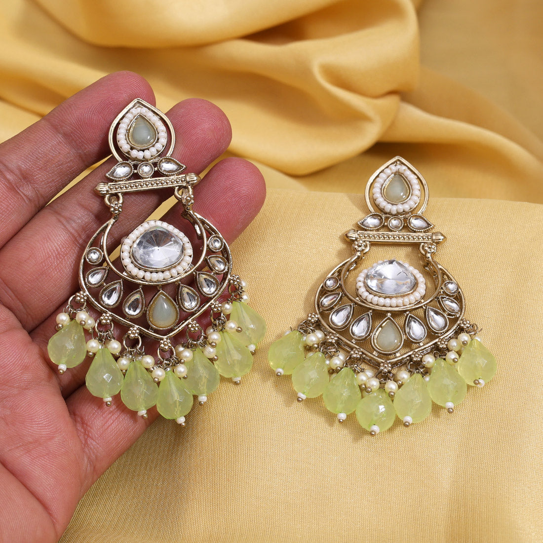 Pista Green Color Kundan Earrings (KDE1005PGRN)