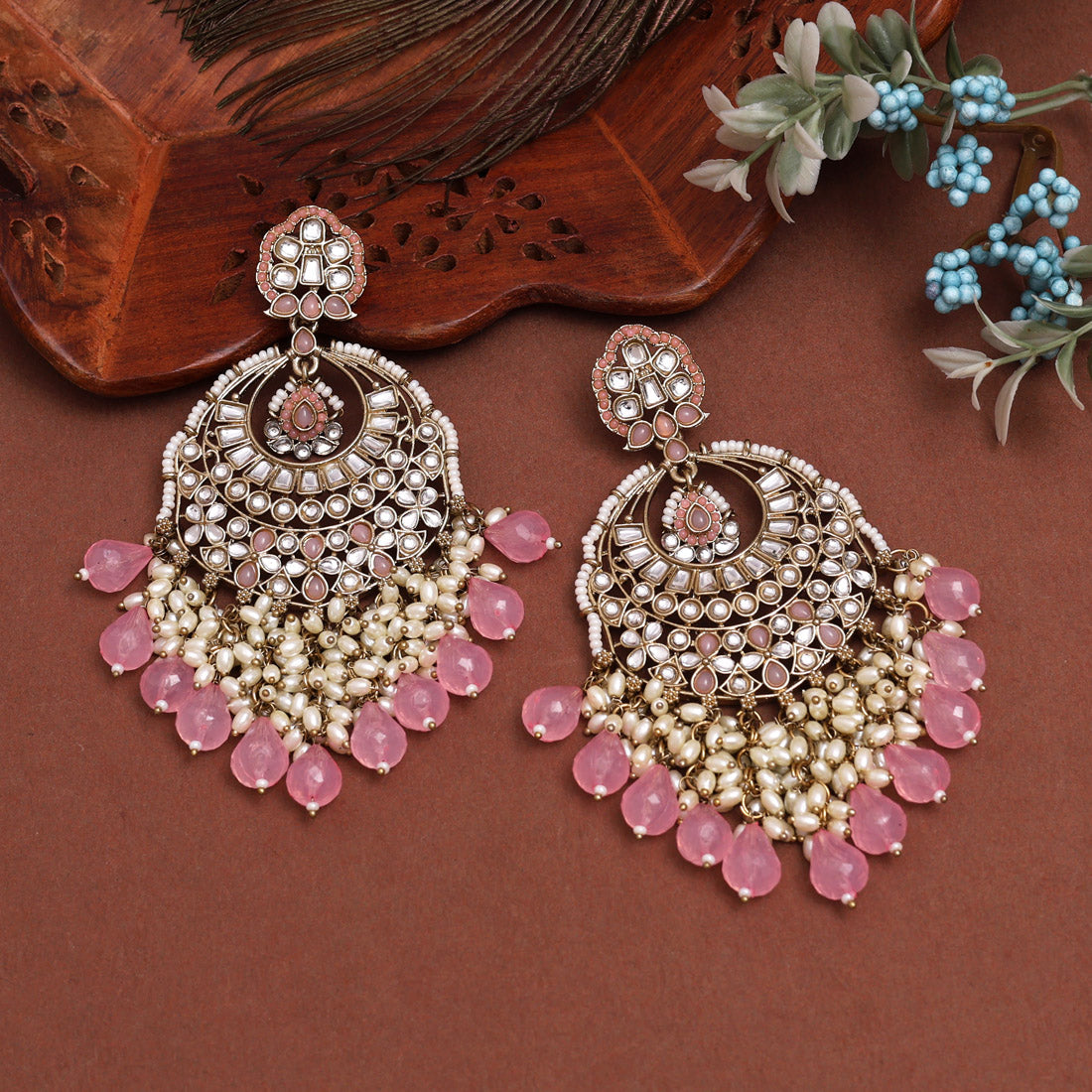 Pink Color Kundan Earrings (KDE1006PNK)