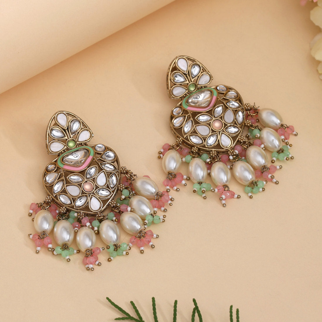 Pink & Pista Green Color Kundan Earrings (KDE1008PNKPGRN)